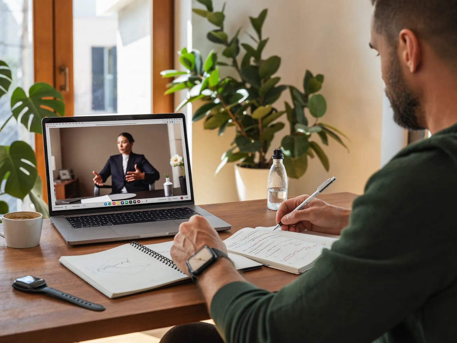 Profesional siguiendo una sesión online desde su espacio de trabajo